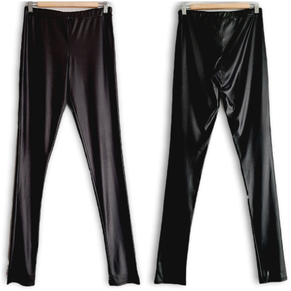 SARAH PACINI Italy Shiny Wet Look Long Leg Slim Fit Black Leggings Tights Sz S